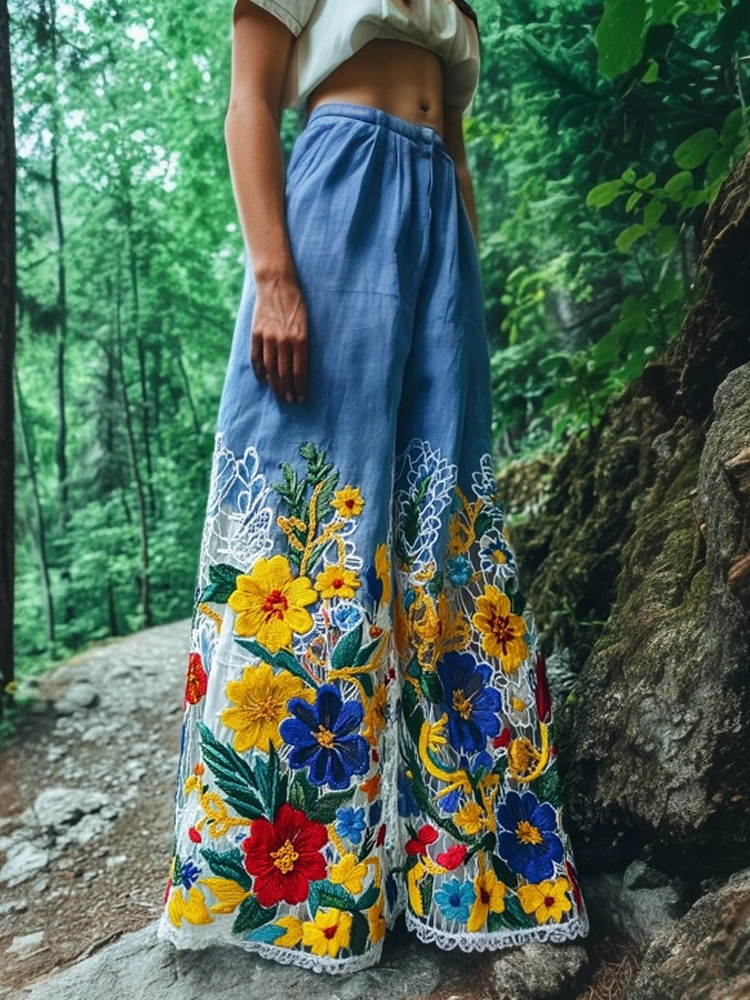 Vintage Floral Lace Embroidered Gradient Linen Pants