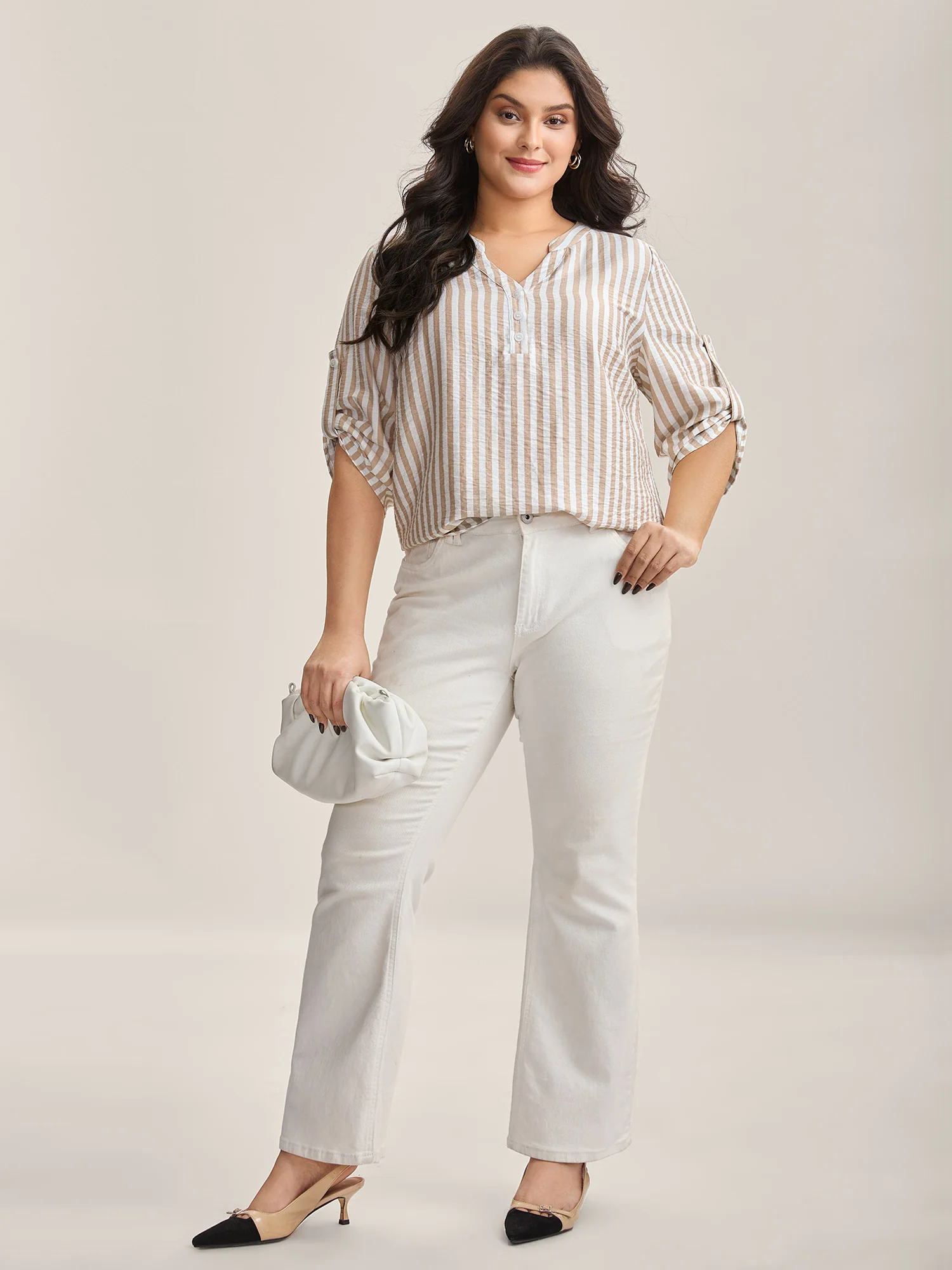 Stripe Print Tab Sleeve Notched Collar Blouse