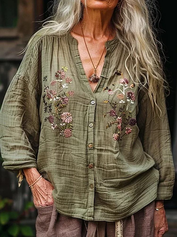 Bohemian Style Linen Floral Art Print Long Sleeve Loose  Shirt