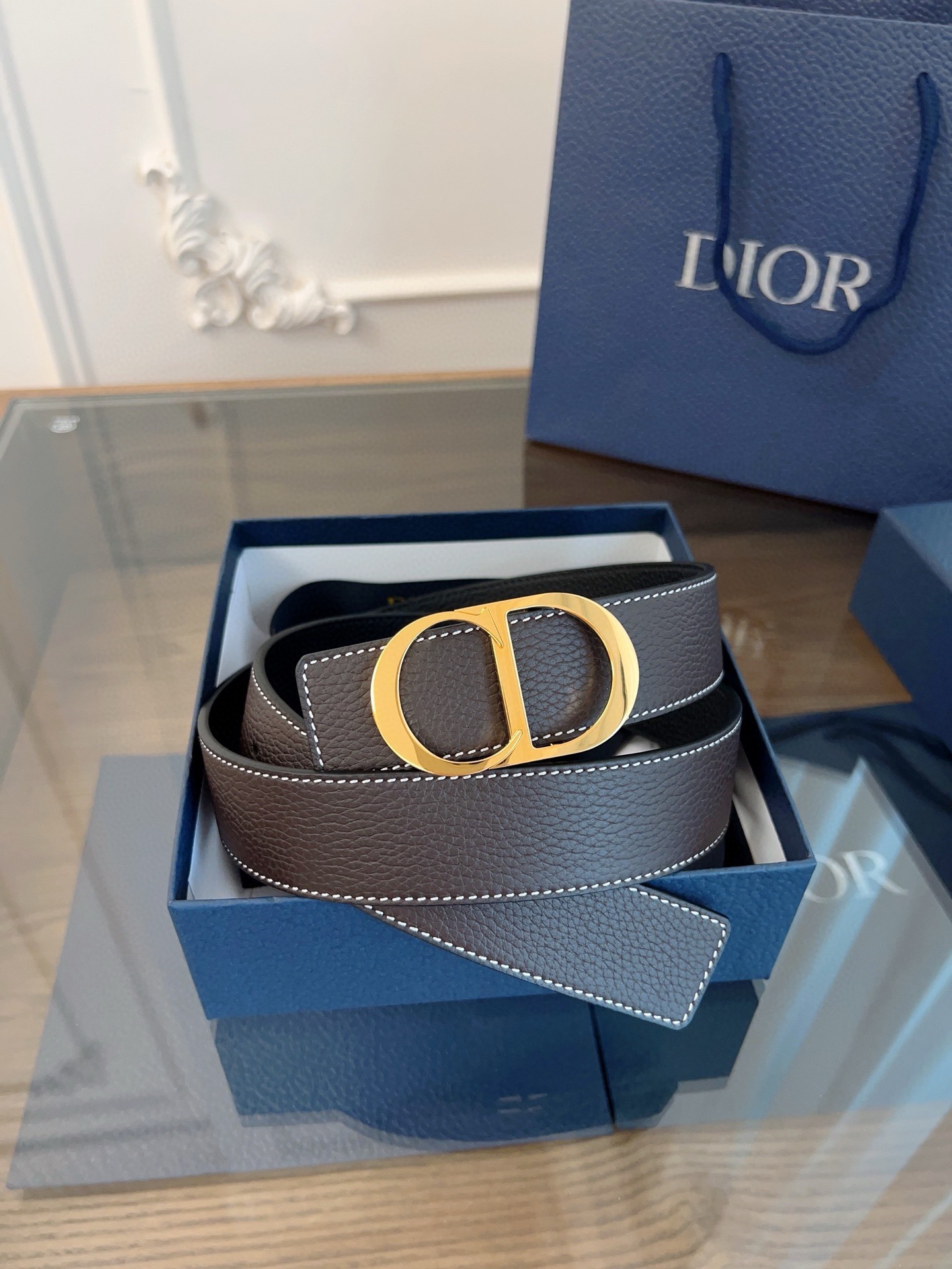 Dior coffee black double-faced cowhide belt width 3.5cm