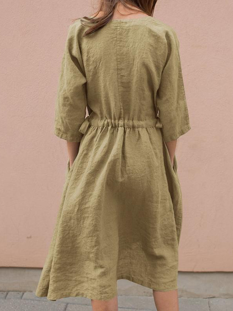 Solid Color Lace-up V Neck Midi Dress