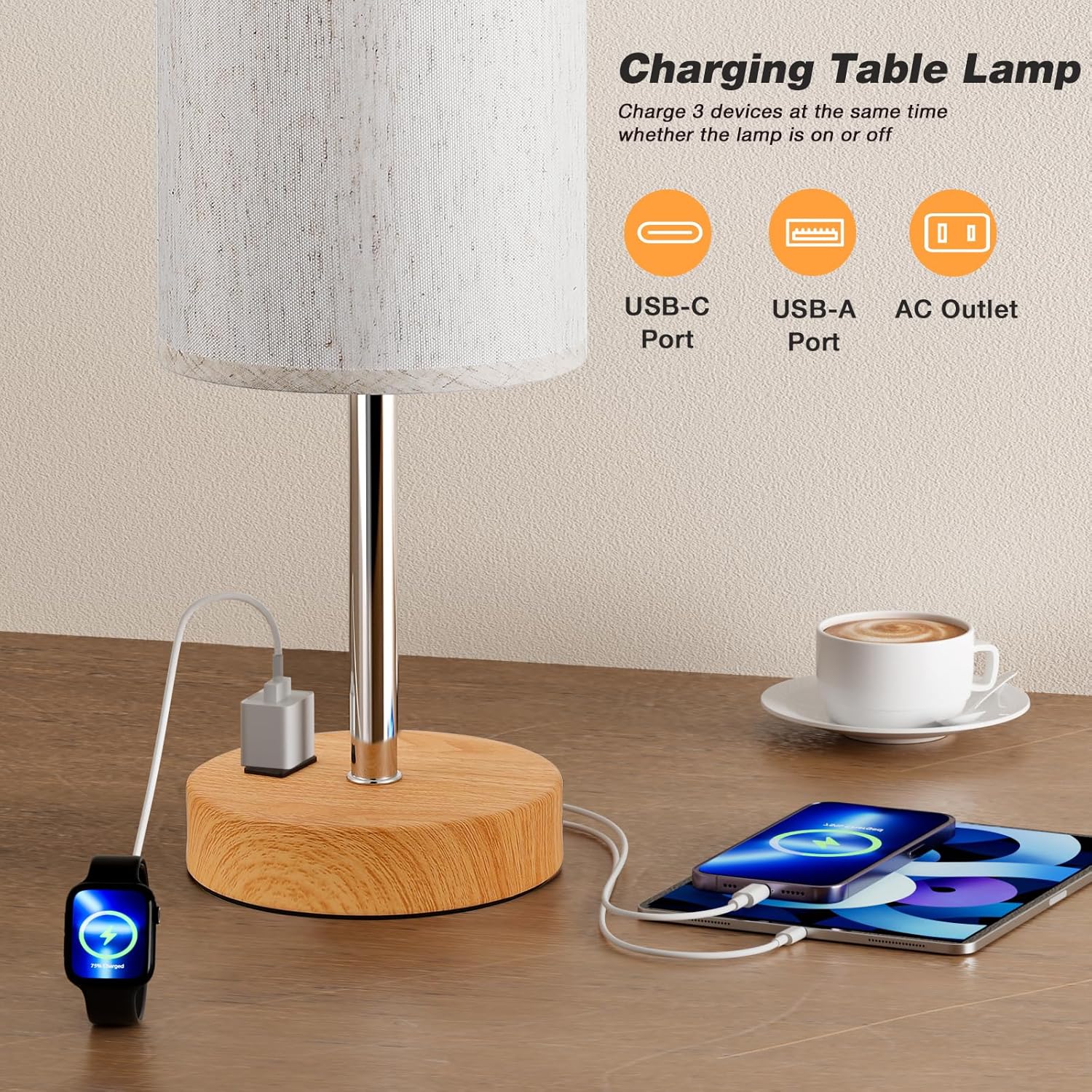 Bedside Table Lamp for Bedroom - 3 Way Dimmable Touch Lamp USB C Charging Ports and AC Outlet, Small Lamp Wood Base Round Flaxen Fabric Shade for Living Room, Desk, LED Bulb Included