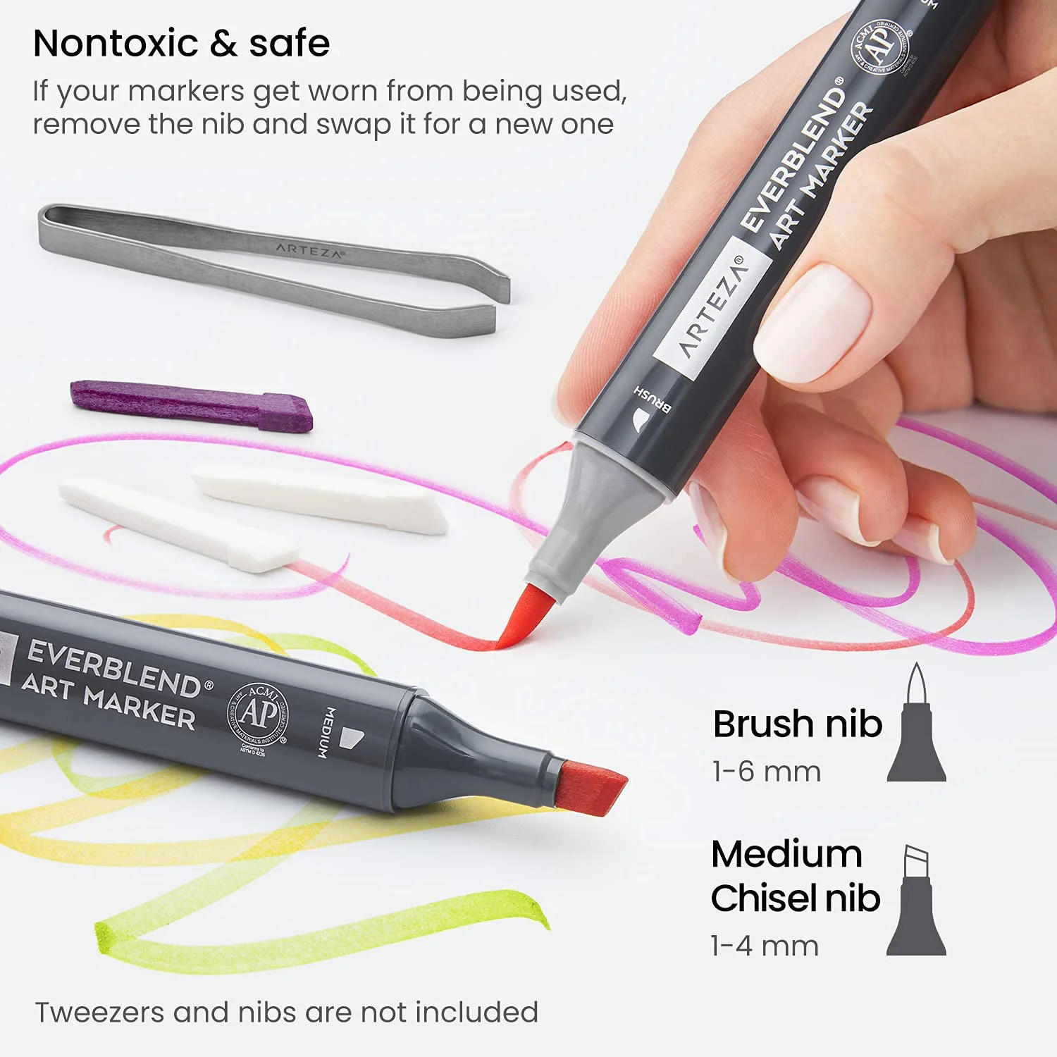 ARTEZA Alcohol Brush Markers, Set of 36 Colors, EverBlend Tropical Tones, Medium Chisel and Brush Nib, Dual Tip Markers