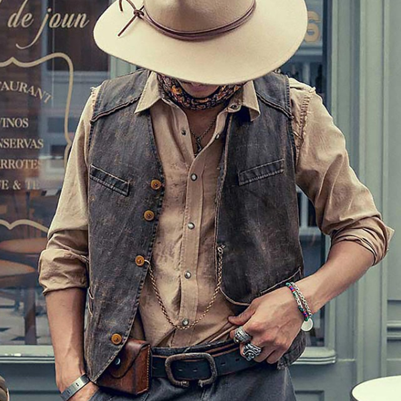 American Retro Tooling Frayed Frosted Brown Leather Vest