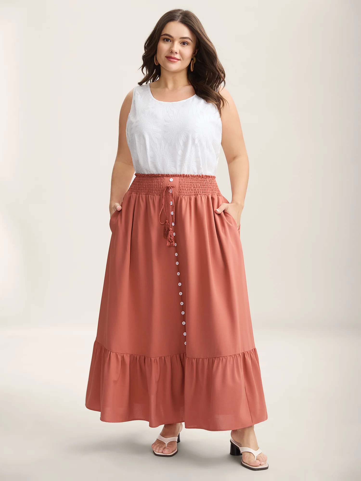 Shirred Back Button Detail Maxi Skirt