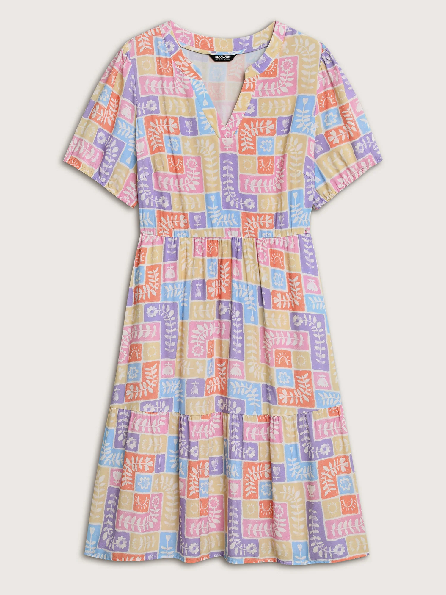 Rayon Floral Collage Stretchy Waist Midi Dress