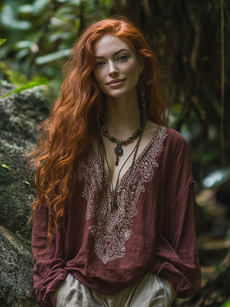 Bohemian Holiday Style Tribal Embroidery Print Cotton And Linen Blend Loose Blouse