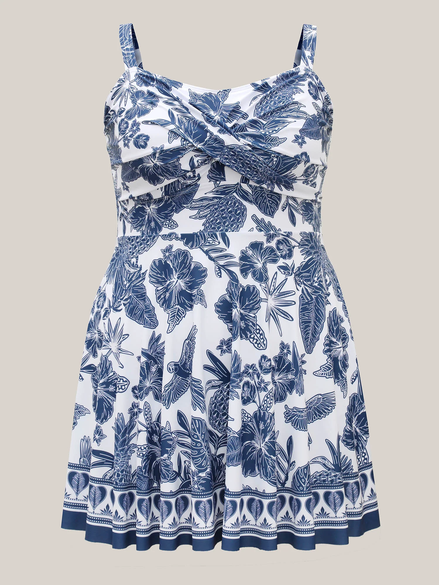 Tropical Print Twist Front Swim Dress