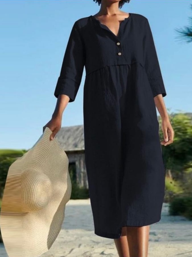 Round Neck Button Pocket Cotton Linen Medium Sleeve Solid Dress