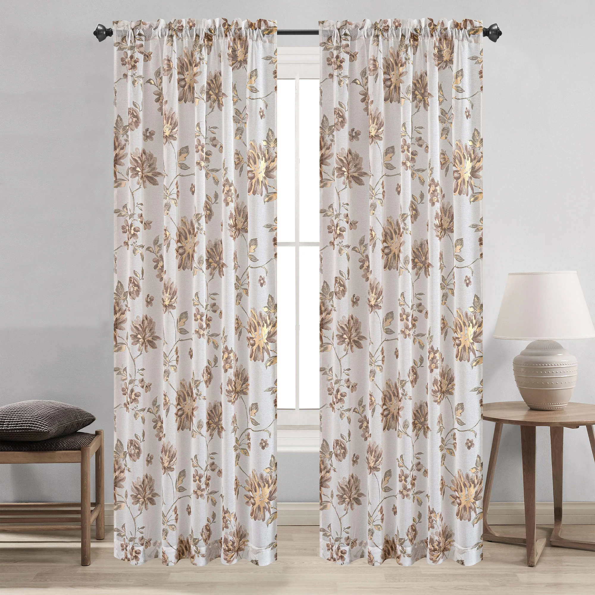 Anna Sheer Metallic Floral Rod Pocket Window Panel & Waterfall Valance, All Sold Separately