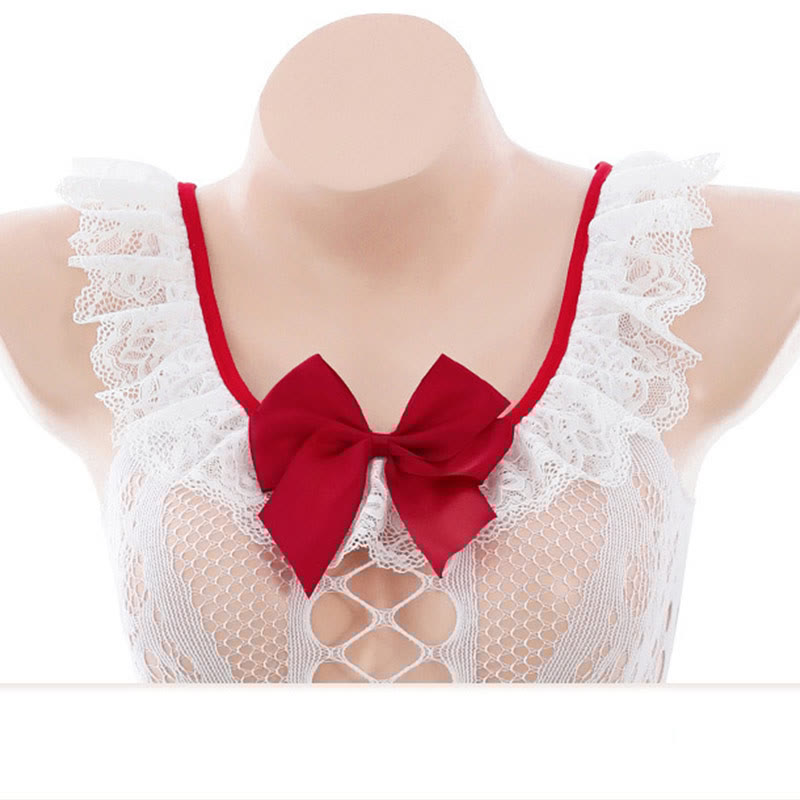 Cosplay Nurse Sexy Bowknot Lace Hollow Lingerie Jumpsuit With Stockings