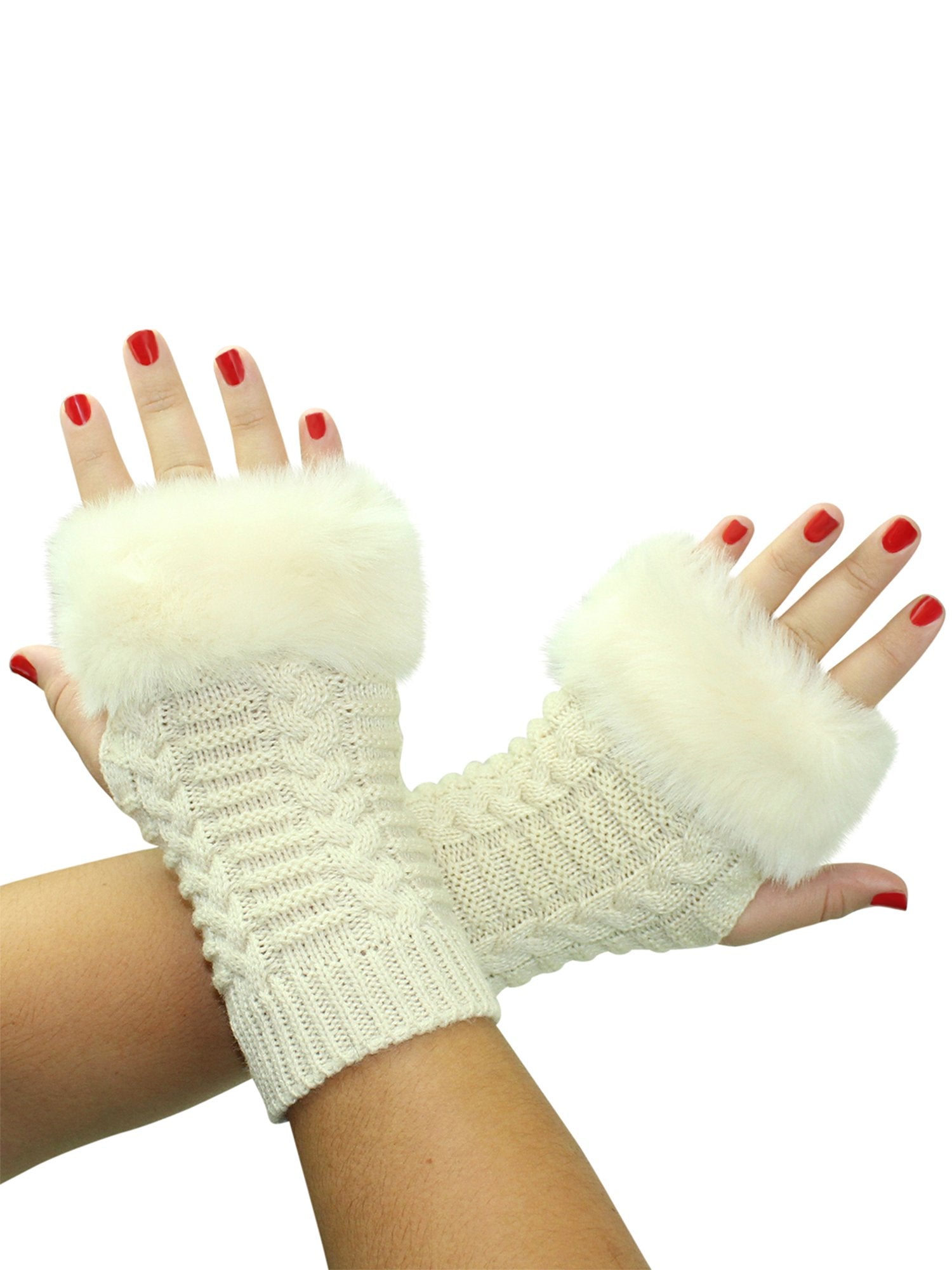 Faux Fur Trim Arm Warmer Fingerless Gloves
