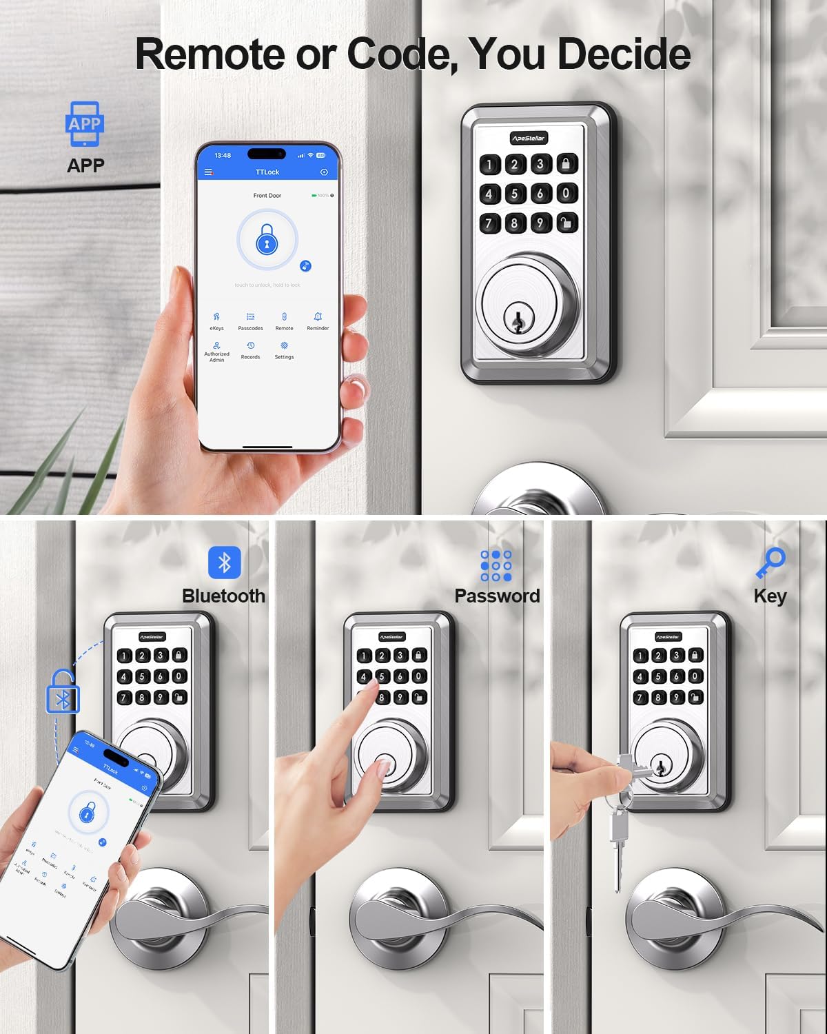 Wi-Fi Smart Door Lock, Built-in WiFi Keyless Entry Door Lock Deadbolt with APP Remote Control, No Hub Required Deadbolt Lock, Easy Installation for Front Door-Satin Nickel