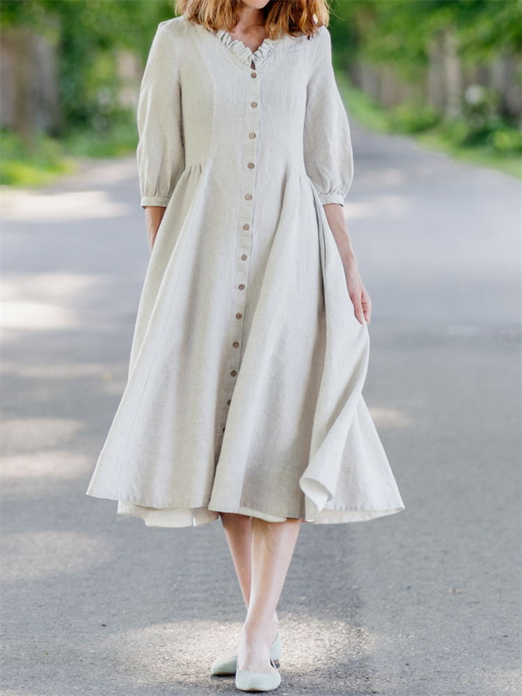 Vintage Classy Ruffle Hem Puff Sleeve Maxi Dress