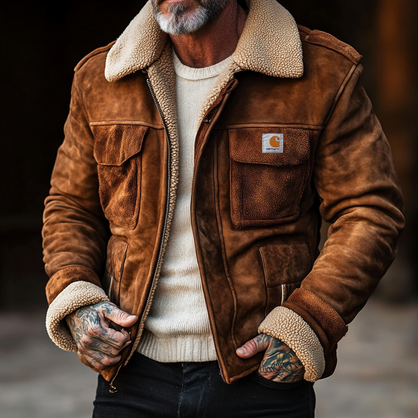Men's Vintage Suede Patchwork Lamb Fleece Multi-Pocket Reverse Collar Outdoor Jacket