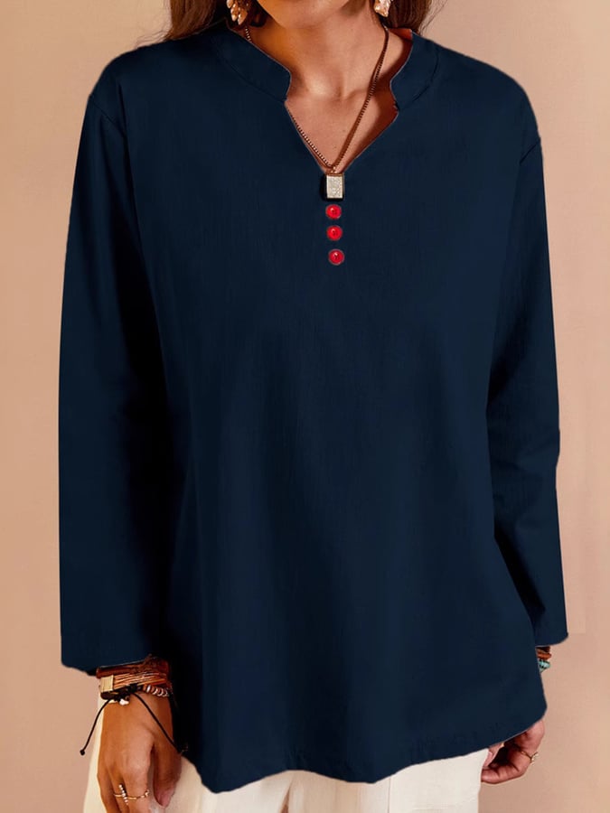 Women's V-Neck Long Sleeve Loose Button Design Casual Shirt