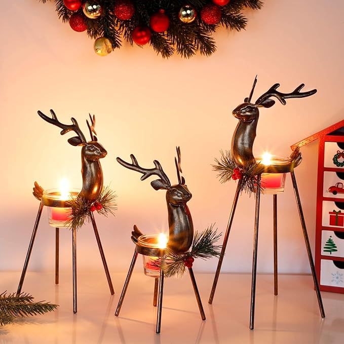 🌲🦌Christmas Metal Reindeer Tea Light Candle Holder (Set of 3PCS)