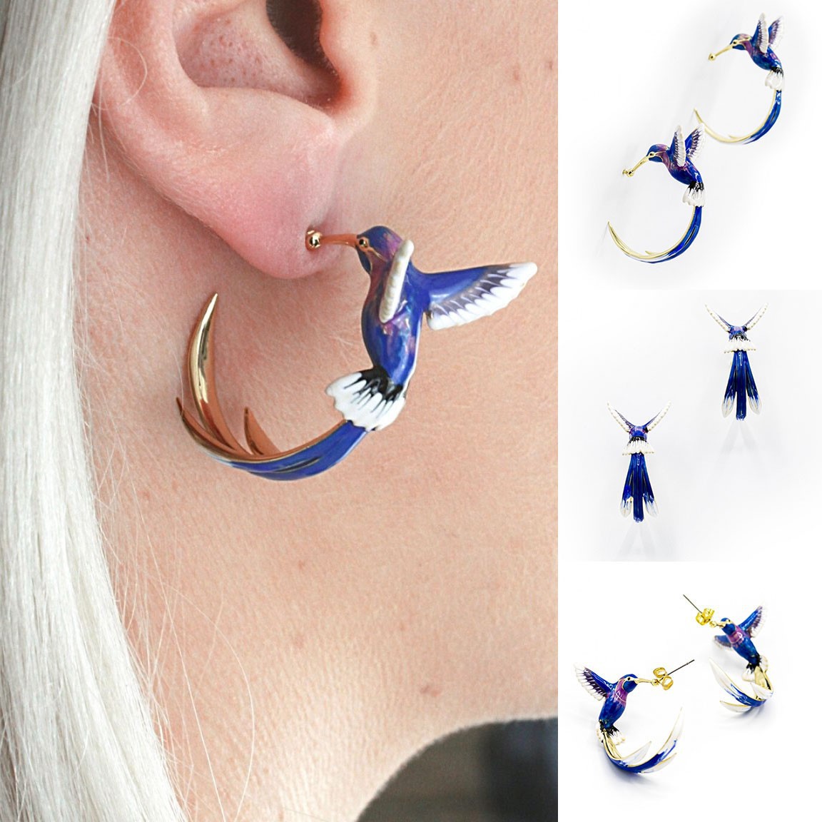 1 Pair Creative Cute Flying Hummingbird Stud Earrings