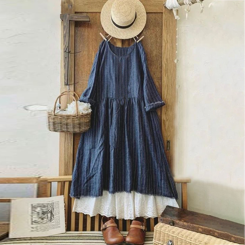 Retro Round Neck Long Sleeve Gathered Loose Linen Maxi Dresses