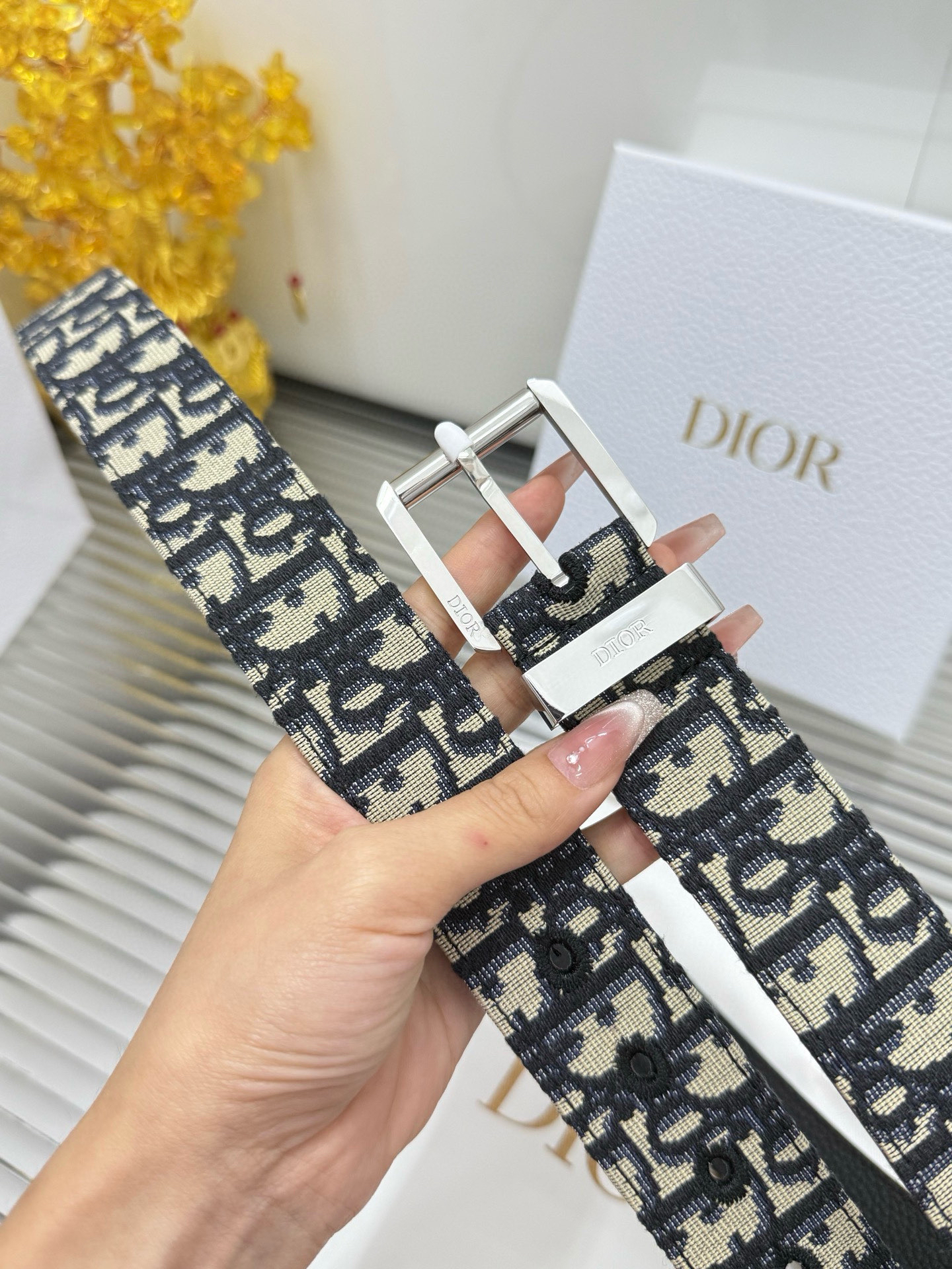Dior pin buckle canvas leather belt 3.5CM wide