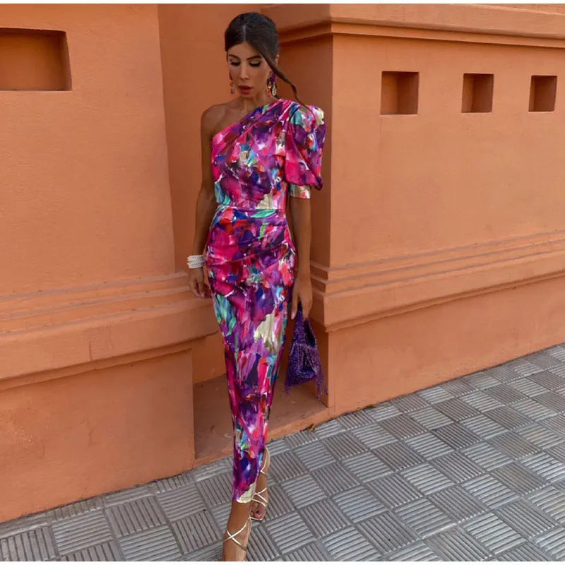 Purple Puff One Shoulder Midi Dress