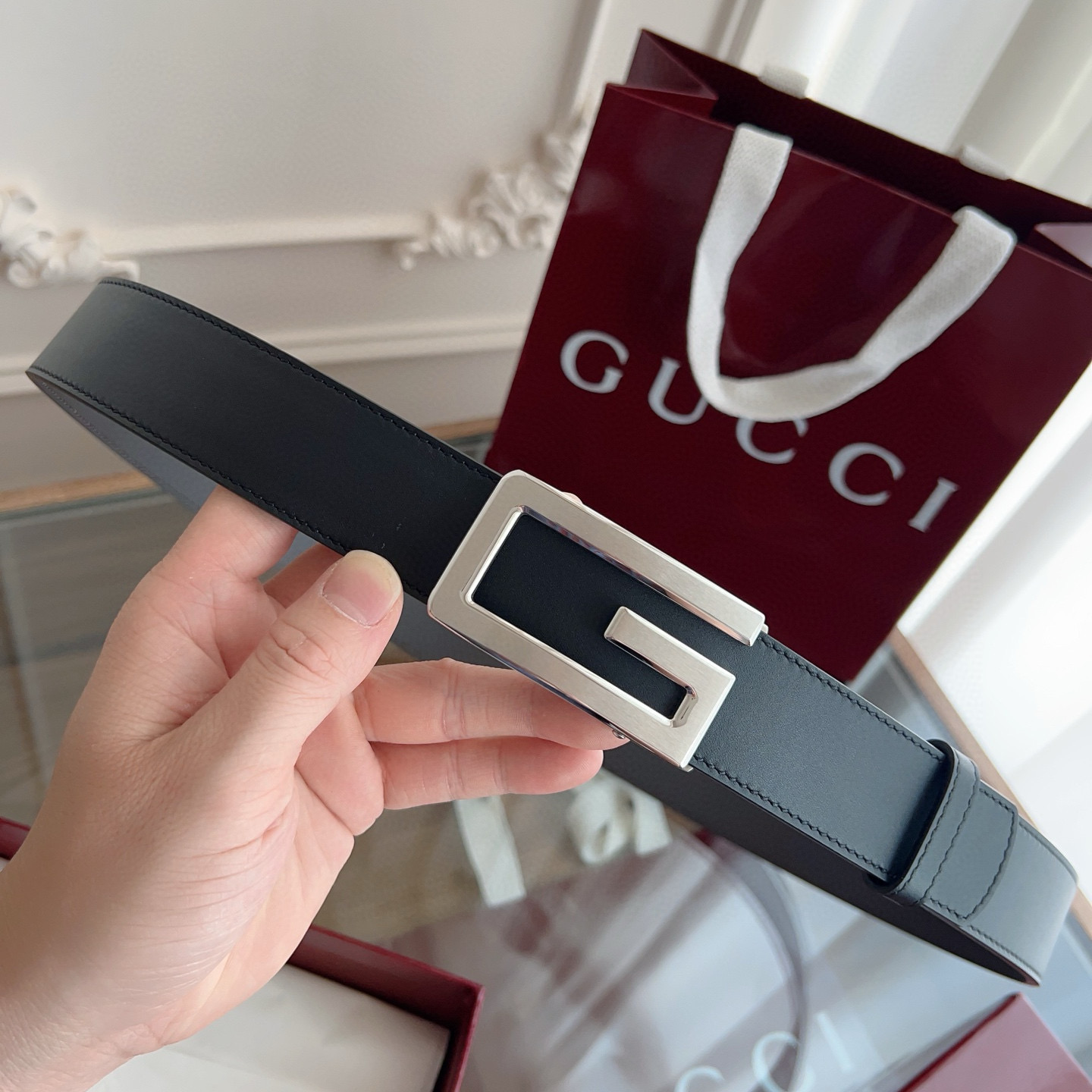 Gucci automatic smooth buckle double-sided cowhide belt width 3.5cm