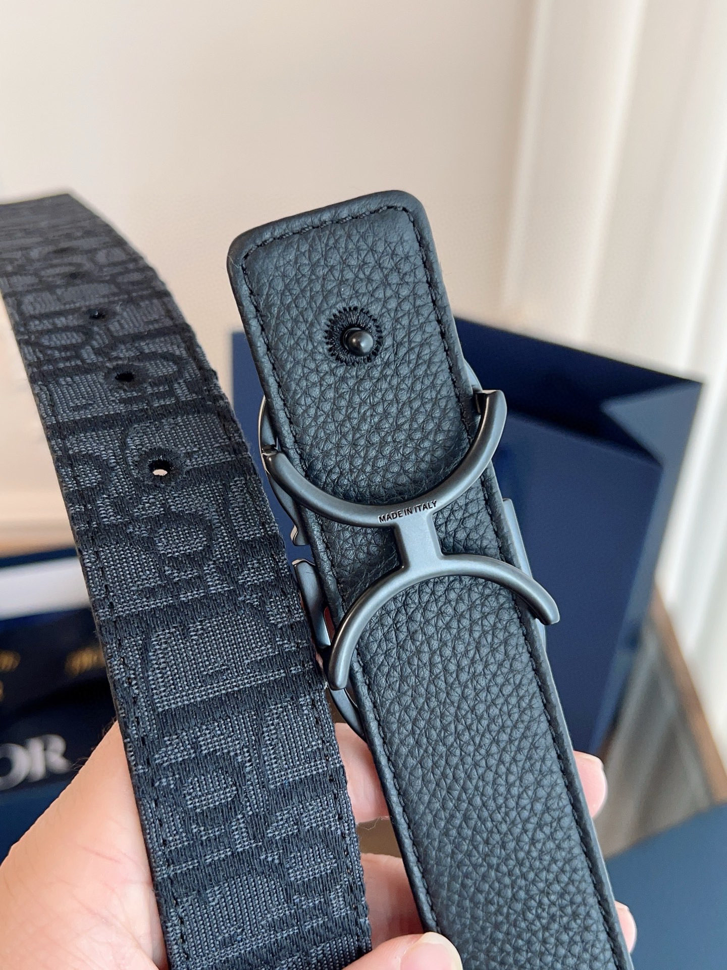 Dior Oblique black cloth and black cowhide belt width 3.5cm