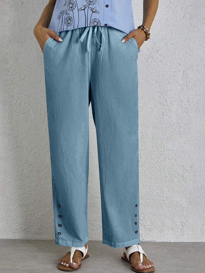 Casual Elegant Lace-Up With Pockets Buttons Lace Side Cotton Linen Trousers