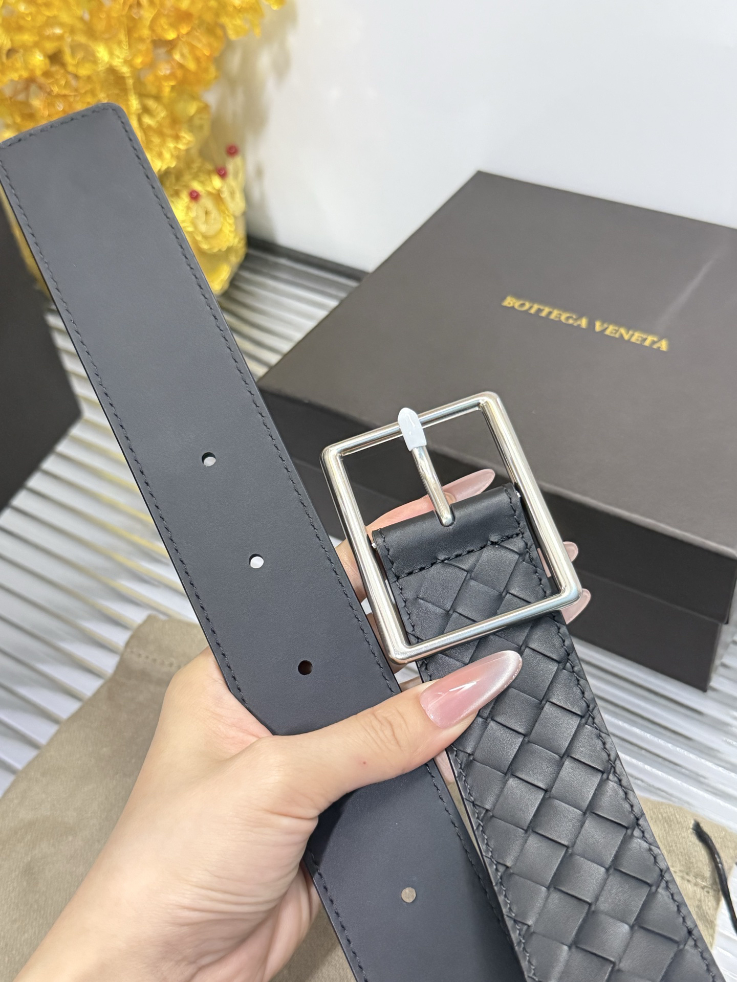 Bottega Veneta pin buckle classic woven leather belt width 4.0cm