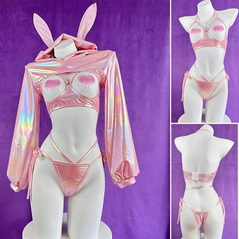 Cosplay Rabbit Laser Reflective Top Hollow Uniform Lingerie Set