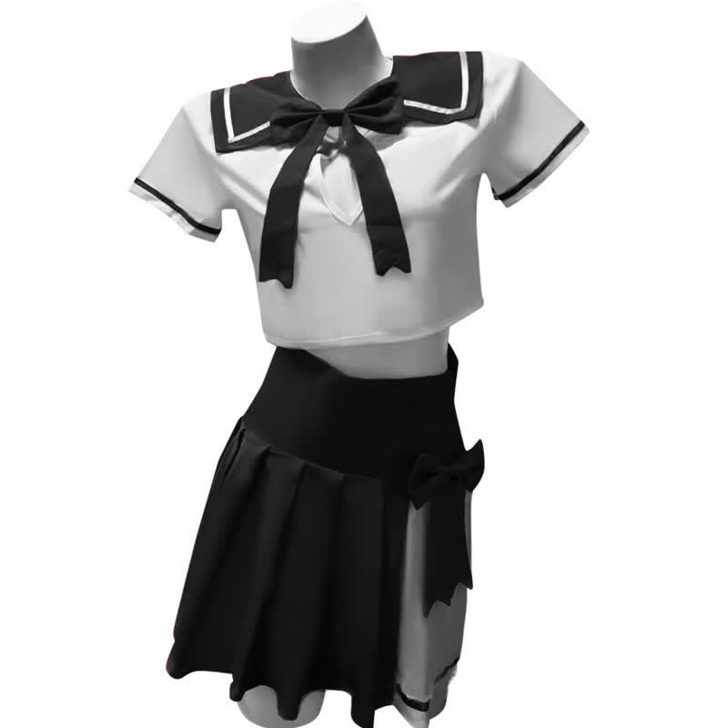 Hollow Out Bowknot JK Uniform Lingerie Stockings Set