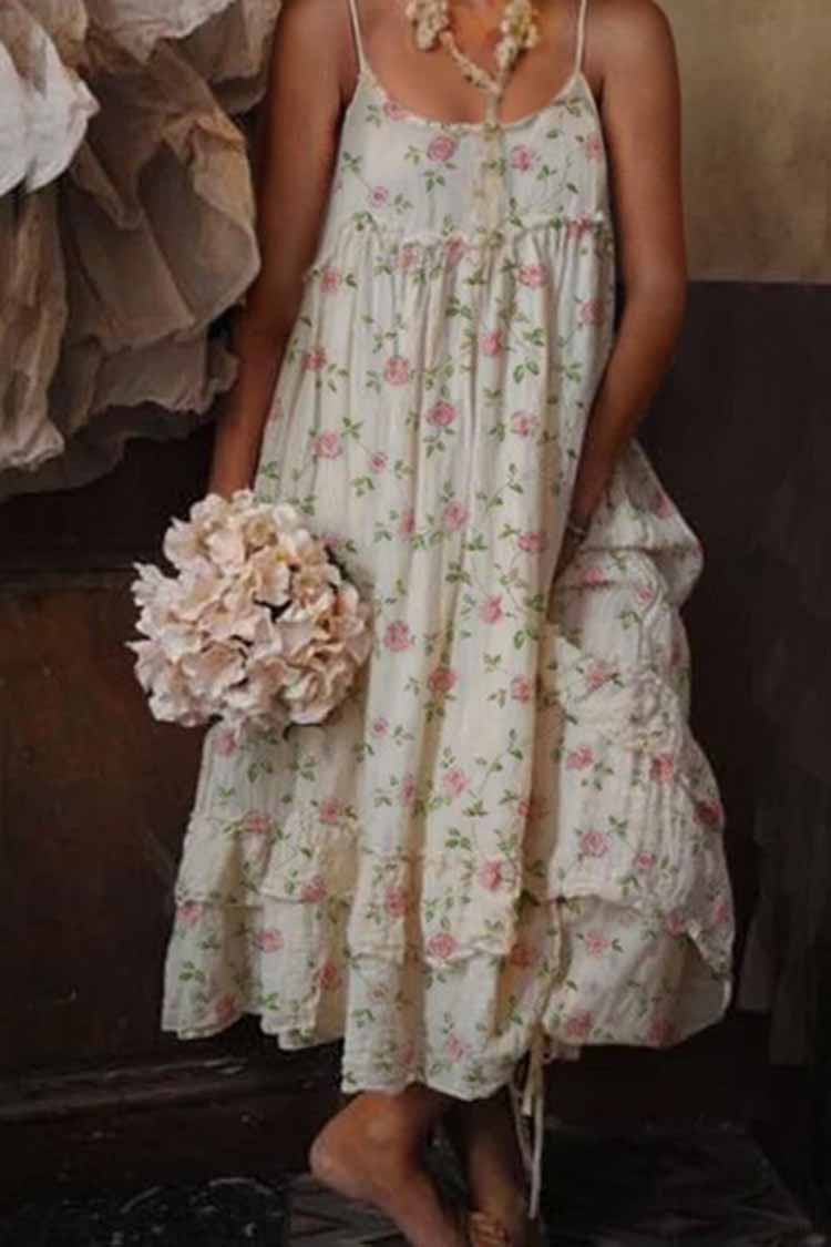 Vintage Floral Printed Sleeveless Loose Maxi Dress