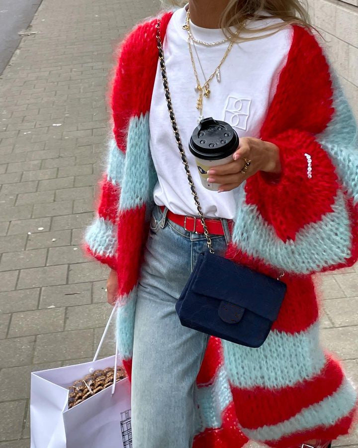 Large Coat with Contrast Color Stripes for Women Sweater