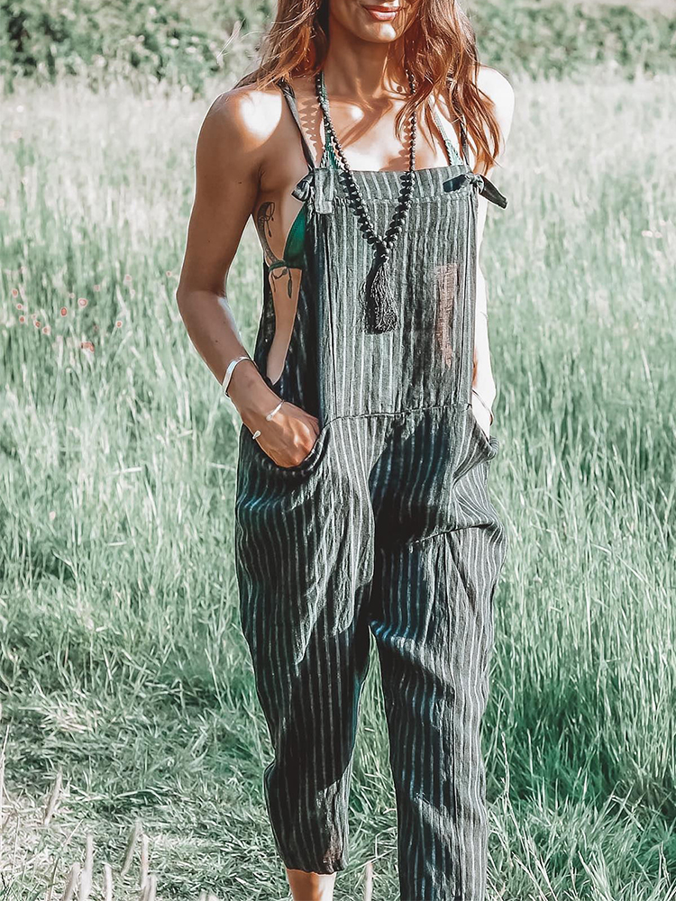 Stripe Front Lace Up Pocket Casual Jumpsuit