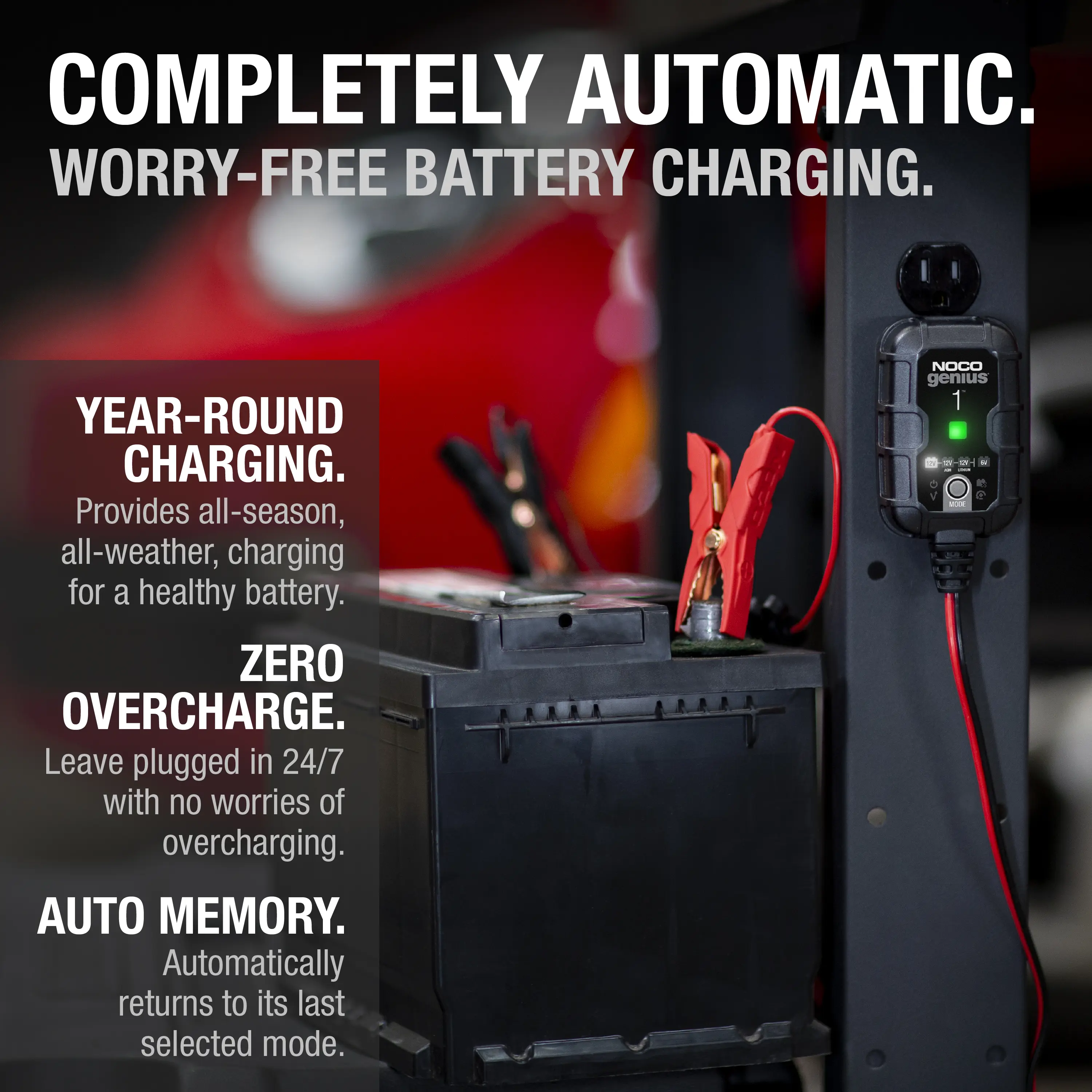 GENIUS1 1A Smart Battery Charger, 6V and 12V, Battery Maintainer, Trickle Charger and Desulfator