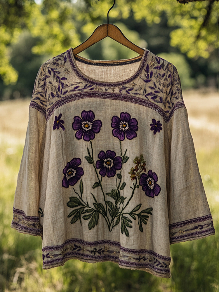 Women's Vintage Floral Embroidery Round Neck Linen Blend T-shirt