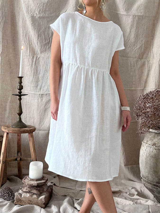 Women's Cotton And Linen Solid Color Tie-Back Dress