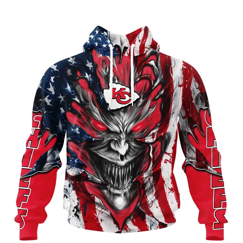 KANSAS CITY CHIEFS DEMON FACE AMERICAN FLAG-3D UNISEX HOODIE