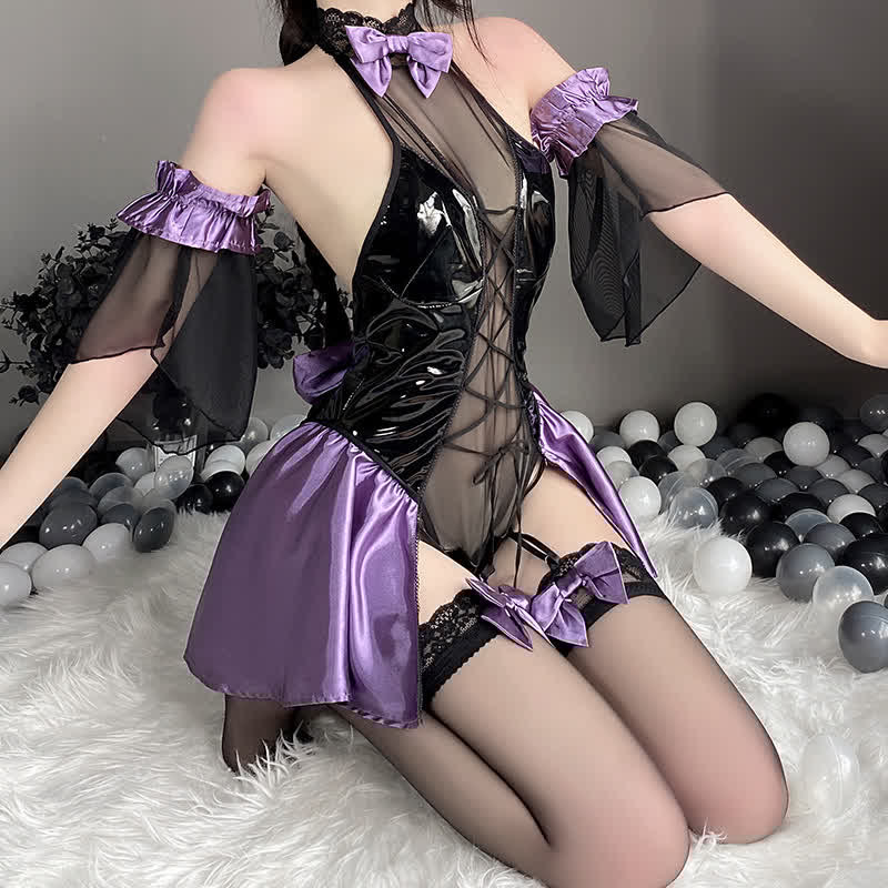 Bow Knot Lace Up Ruffled Splice PU Jumpsuit Lingerie