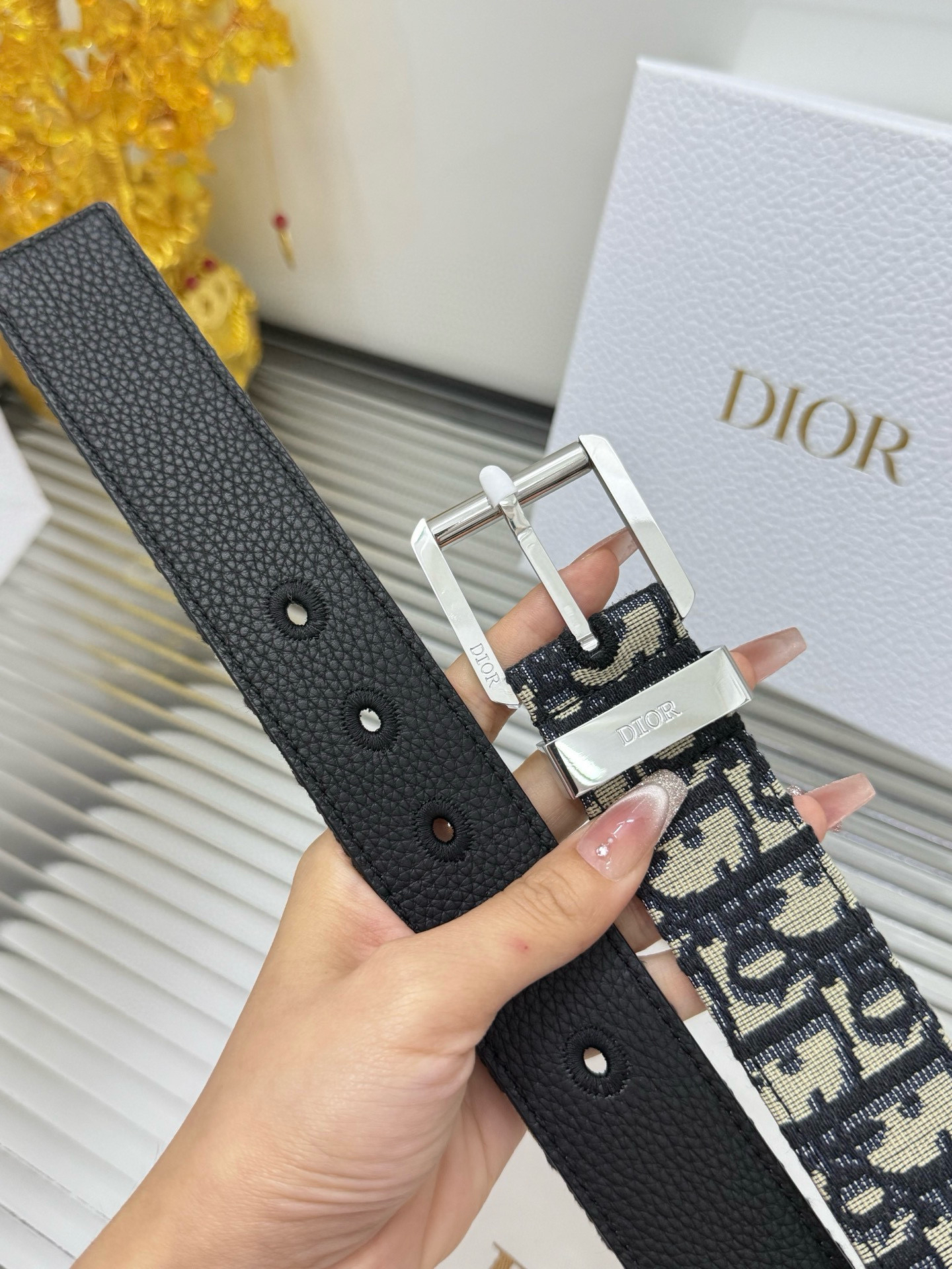 Dior pin buckle canvas leather belt 3.5CM wide