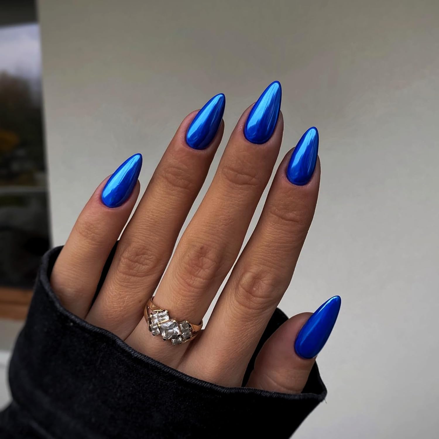 24Pcs Metal Chrome Press on Nails Medium Almond Fake Nails