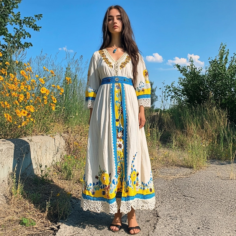 Ukrainian Folk Floral Embroidered Linen Blend Maxi Dress