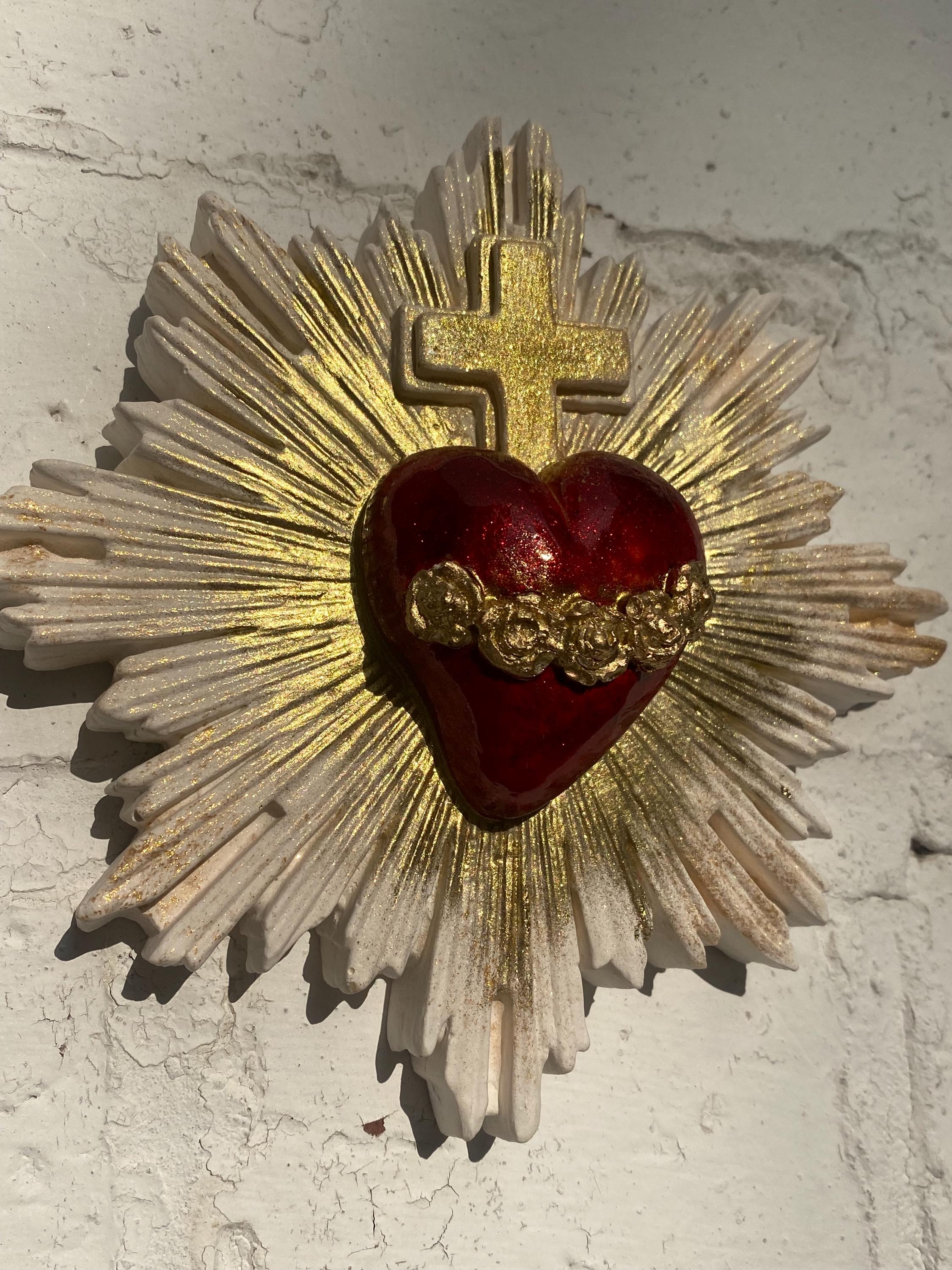 Sacred Heart Wall Decor, Milagro Heart, Flaming Heart & Cross, Handmade.