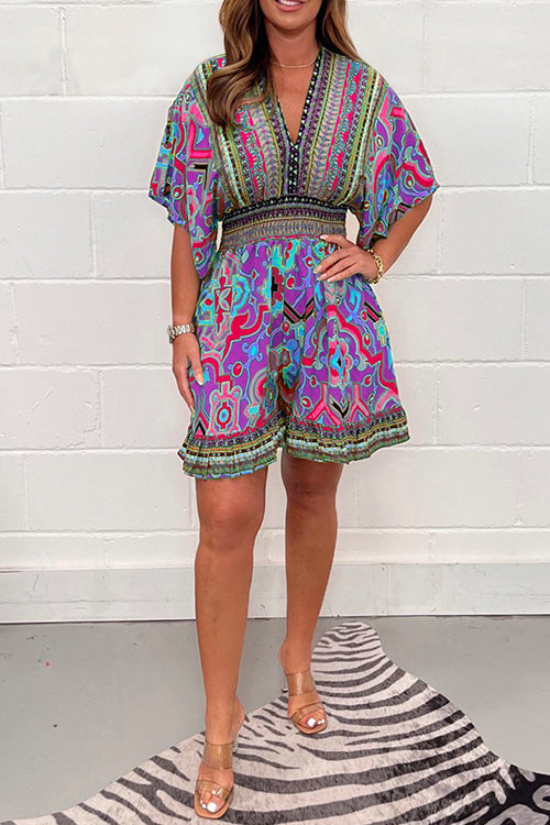 Heididress V Neck High Waist Wide Leg Printed Ruffle Romper