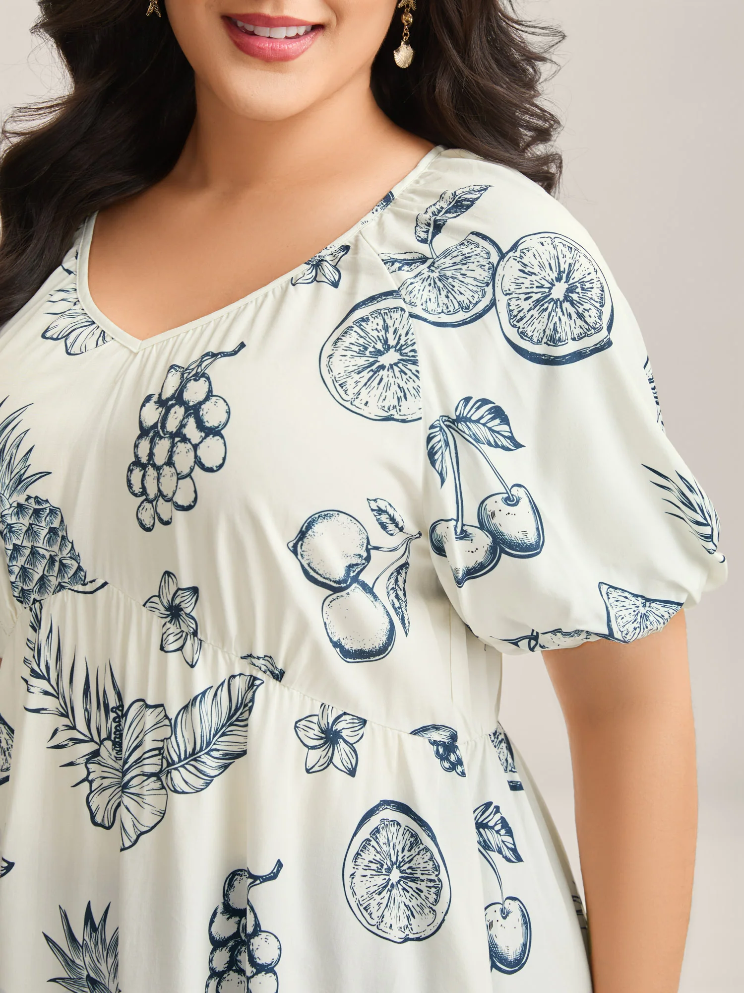 Fruity Print Bud Sleeve V-Neck Blouse