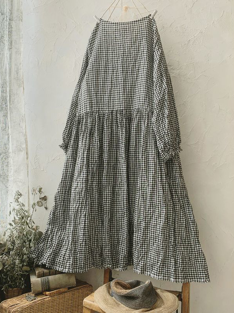 Vintage Checkered Long Sleeve Cotton Linen Midi Dresses