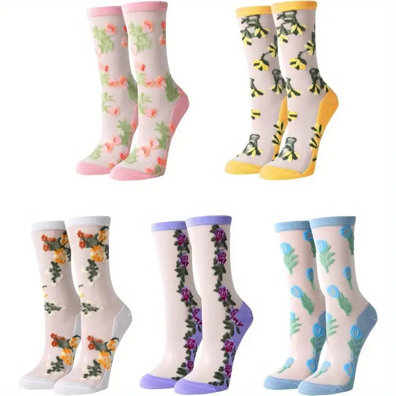 ( Last Day Promotions-50% OFF) 5pairs/Set Floral Embroidery Lace Ankle Socks--Size Fit ALL Ldies and Girls