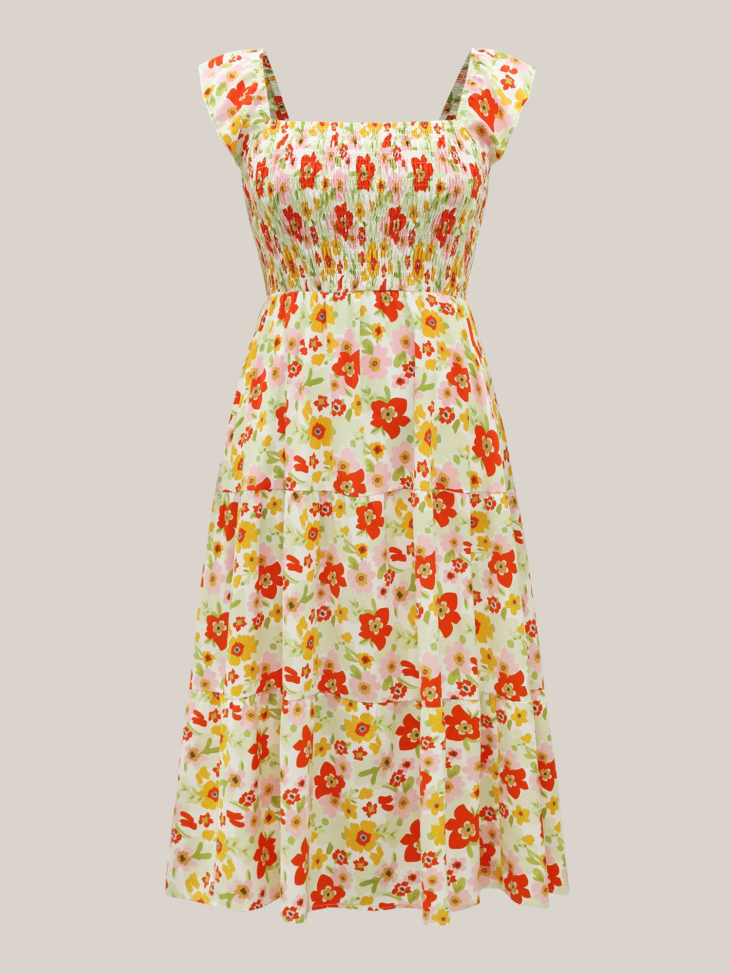 Floral Garden Stretchy Waist Shirred Midi Dress