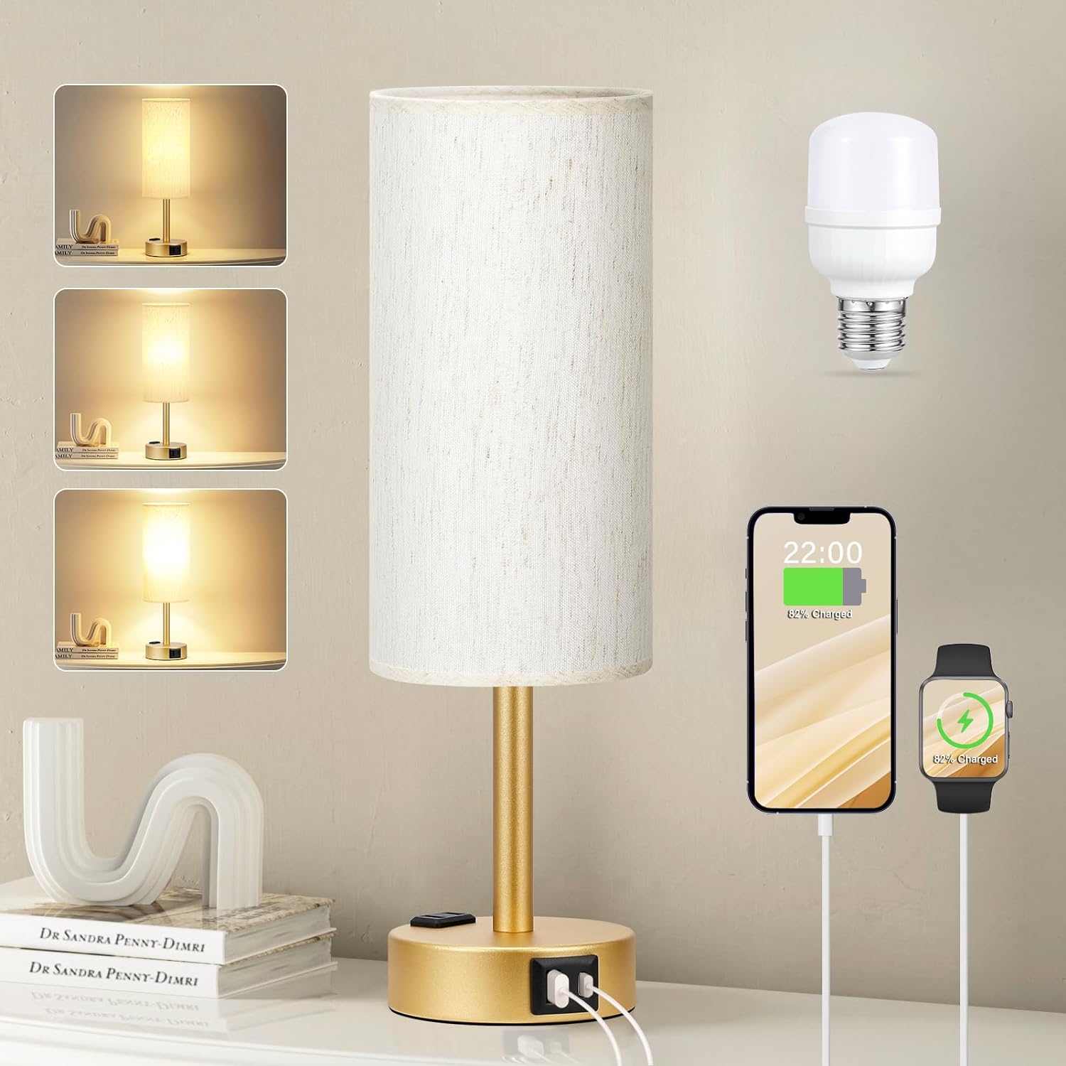 Bedside Table Lamp for Bedroom - 3 Way Dimmable Touch Lamp USB C Charging Ports and AC Outlet, Small Lamp Wood Base Round Flaxen Fabric Shade for Living Room, Desk, LED Bulb Included