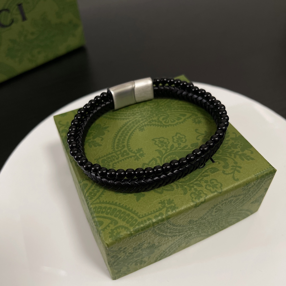 Gucci Braided Leather & Black Beads Bracelet
